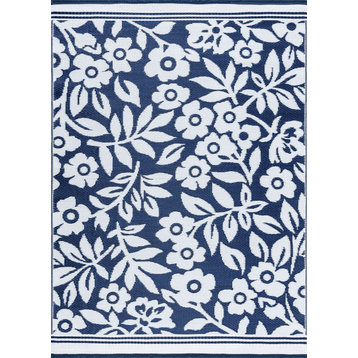 Kaliyah Transitional Floral Navy/White Rectangle Indoor/Outdoor Area Rug, 5'x7'