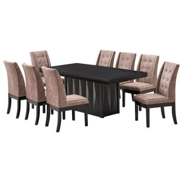 9 Piece Dining Set, Cappuccino Wood and Dark Brown Fabric, Table and 8 Chairs