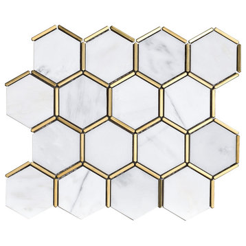 3" Honeycomb Hexagon White and Gold Metal Stainless Steel Polished Marble Tile
