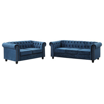 Venice Upholstered Living Room Sofa and Loveseat, 2-Piece Set, Velvet Blue