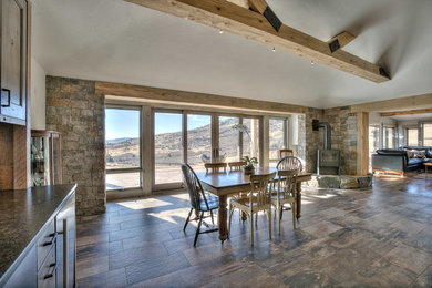 Kitchen/dining room combo - rustic ceramic tile kitchen/dining room combo idea in Denver with gray walls, a wood stove and a stone fireplace