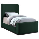 Meridian Furniture - Oliver Boucle Fabric Upholstered Bed, Green, Twin - Make a bold statement with this stunning Oliver twin-size bed from Meridian Furniture. Its contemporary design is comprised of rubber wood with a solid wood black wire brush finish, upholstered with rich green boucle fabric, giving it an elegant appearance. A high headboard gives the bed a contemporary design, which fits any bedroom space. Add multicolored pillows and blankets for a unique touch that contrasts with the green boucle fabric.