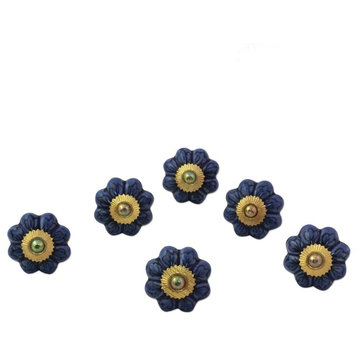 Flower Harmony in Blue, Set of 6 Ceramic Cabinet Knobs, India