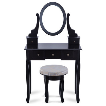Costway Vanity Table Set Makeup Table Cushioned Stool Mirror 5 Drawers Black