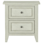 Magnussen - Magnussen Raelynn 2 Drawer Nightstand in Weathered White - A fresh Weathered White finish on cathedral ash veneers and hardwoods contrasts simple Weathered Bronze pulls to create timeless comfort in Raelynn. Climb into the clean and crisp feel of gorgeous Irish linen in the perfectly tailored panel bed which showcases the beveled panel and bead moulding detail that classifies this collection as updated Shaker. Traditional and transitional at once, Raelynn is the ideal cottage collection that is equally as at home in the suburbs.