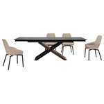 Armen Living - Milena Shilo 5 Piece Extendable Dining Set With Champagne Faux Leather Chairs - Bring friends and family together in a stylish fashion with the Milena Shilo 5 Piece Extendable Dining Set with Faux Leather Chairs. This 5 piece dining set includes 1 extendable Milena dining table and 4 Shilo faux leather swivel dining chairs. The refined and shapely silhouette of the kitchen chair is updated with stunning details to amp up the style of your home. The back and arms showcase clean lines and sleek curves to attain a sophisticated appeal. A stunning channel stitch detail on the arms adds charm and character to our modern dining chair. It is perched upon slender black metallic legs to serve as a welcoming and chic addition. The dining table chair includes a high back that elegantly swoops down to hug the back. Finished off with a generously cushioned seat, the dining room chair offers exceptional comfort and support. It can bring style and comfort anywhere from your kitchen, lounge, dining area, or home office. The Shilo accent chair also includes a 180 - degree swivel function enabling you to enjoy your meals and conversations to the fullest. It is upholstered in UV and stain-resistant faux leather which does not crack or fade easily to provide easy care and maintenance. With clean lines and dramatic construction, our long dining table serves as a stunning focal point. Its linear, rectangular tabletop is crafted from sintered shadow stone for a versatile and sophisticated appeal. A durable yet elegant alternative to quartz, this tabletop is resistant to etching, scratches, burns, and stains. It is perched upon a cross-shaped base to capture the eye. The chunky wooden leg is covered in walnut veneer, creating a visual contrast with the airy black wooden frame. Our chic and stylish dining table can easily extend to comfortably seat up to six to eight individuals. Available in 5 or 7 piece set configurations, this beautiful 5 piece extendable dining set features a shadow stone, walnut and black wood veneer table and your choice of taupe gray or champagne faux leather chairs.