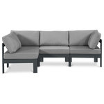 Meridian Furniture - Nizuc Water Resistant Patio L-Shaped Modular Sectional, Gray, 4-Piece: 2 Armless Chair, 2 Corner Chair, Dark Gray Aluminum Frame - Pick and choose your favorites from the Nizuc collection to create a modular seating group the whole gang will enjoy. The sturdy aluminum frame provides dependable support for friends and family as they relax and unwind, and the resilient grey water resistant fabric stands up to the elements without losing its beautiful demeanor, so you can count on it lasting for the long haul. Latches beneath these seating pieces help you easily attach them to one another for convenient setup.