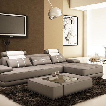 Gray Leather Sectional Sofa with a Coffee Table
