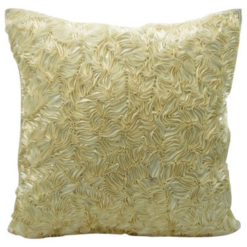 Ivory Throw Pillow On Bed Art Silk 20"x20" Ribbon Embroidery, Thats Satin Ribbon
