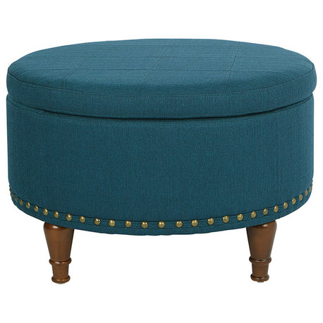 Alloway Fabric Storage Ottoman With Antique Bronze Nailheads, Azure