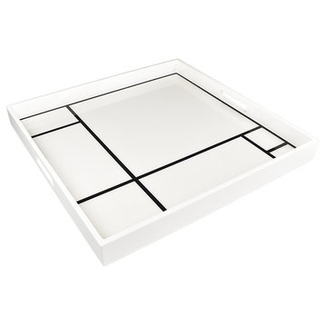 Lacquer Large Square Tray, White with Black Grid
