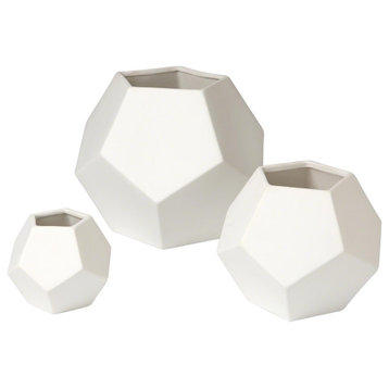 Luxe Matte White Faceted Geometric Vase Ceramic Honeycomb Round, 3-Piece Set
