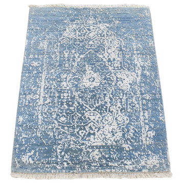 Denim Blue Broken Persian Design Wool and Silk Hand Knotted Mat Rug, 2'1"x3'0"