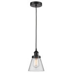 Innovations Lighting - Innovations 616-1PH-BK-G62 1-Light Mini Pendant, Matte Black - Innovations 616-1PH-BK-G62 1-Light Mini Pendant Matte Black. Collection: Edison. Style: Industrial, Farmhouse, Restoration-Vintage, Transitional. Metal Finish: Matte Black. Metal Finish (Canopy/Backplate): Matte Black. Material: Steel, Cast Brass, Glass. Dimension(in): 8(H) x 6(W) x 6(Dia). Min/Max Height (Fixture Height with Cord or Included Stems and Canopy)(in): 13/131. Wire/Cord: 10 Feet Of Black Fabric Cord. Bulb: (1)60W Medium Base,Dimmable(Not Included). Maximum Wattage Per Socket: 100. Voltage: 120. Color Temperature (Kelvin): 2200. CRI: 99. 9. Lumens: 220. Glass Shade Description: Clear Small Cone. Glass or Metal Shade Color: Clear. Shade Material: Glass. Glass Type: Transparent. Shade Shape: Cone. Shade Dimension(in): 6. 25(W) x 5. 75(H). Fitter Measurement (Glass Or Metal Shade Fitter Size): 3. 25 inch Fitter. Canopy Dimension(in): 4. 75(Dia) x 1(H). Sloped Ceiling Compatible: Yes. California Proposition 65 Warning Required: Yes. UL and ETL Certification: Damp Location.