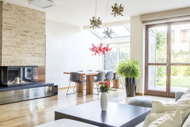 Large trendy open concept medium tone wood floor and brown floor living room photo in Other with a music area, white walls, a standard fireplace, a metal fireplace and a media wall