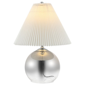 22.5" Mid-Century Modern Round Glass/Iron Pleated Shade LED Table Lamp, Chrome
