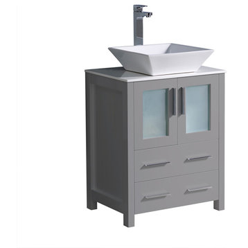 Torino Modern Bathroom Cabinet With Top and Vessel Sink, Gray, 24"