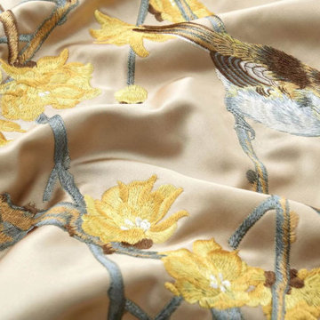 QYHL225J Silver Beach Embroidered Birds On The Branch Pale Pinkish Grey Faux Sil