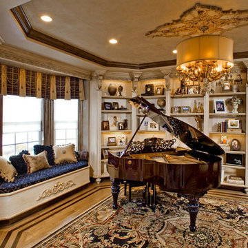 Baby Grand piano Living room window view, teddy car in play room
