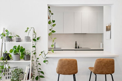Design ideas for a modern galley eat-in kitchen in Melbourne with with island.