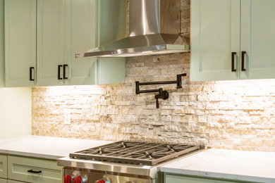 Kitchen - kitchen idea in Austin with stainless steel appliances and an island
