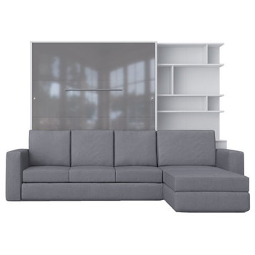 INVENTO Vertical Wall Bed with Sofa and Bookcase, Bed - White/Grey; Sofa - Grey