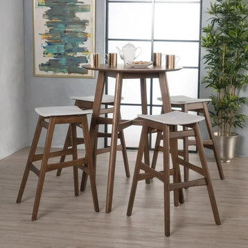 5 Pieces Bar Pub Set, Round Table & Backless Stool With Light Beige Seat, Walnut