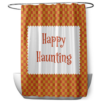 70"Wx73"L Halloween Happy Haunting Checks Shower Curtain, Rust