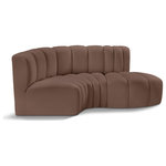 Meridian Furniture - Arc Vegan Leather Upholstered 3-Pc. S-Shaped Modular Sofa, Brown - Unleash modern opulence with the Arc Vegan Leather 3pc. Sectional. Crafted for the modern connoisseur, this Sectional injects an air of refined luxury into any space. Its sleek silhouette, upholstered in supple brown vegan leather, exudes timeless sophistication while the deep channel tufting adds textural intrigue, further elevating the chair's visual appeal. The modular design makes it a versatile chameleon, effortlessly adapting to your evolving needs and preferences. Whether you envision it gracing a chic living room corner, basking in the glow of a bedroom window, or adding a touch of drama to a home office, the Arc seamlessly complements your unique interior aesthetic.