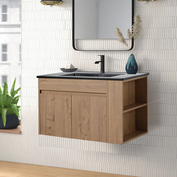 30" Float Mounting Bathroom Vanity With Adjustable Shelf, Black Ceramic Basin