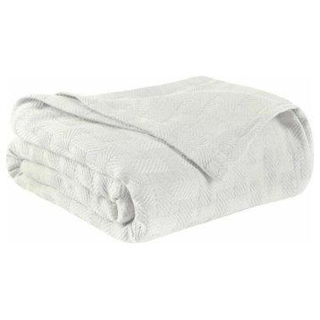 100% Cotton Basketweave Thermal Woven Blanket, White, Full/Queen