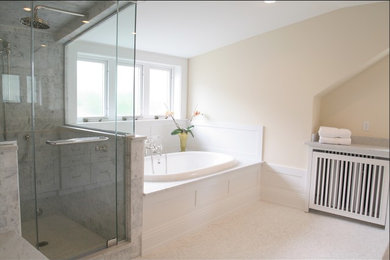 Bathroom - mid-sized transitional white tile and mosaic tile marble floor bathroom idea in Minneapolis with an undermount sink, shaker cabinets, white cabinets, marble countertops, a two-piece toilet and beige walls