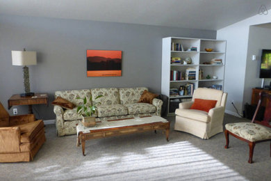 Example of a mid-sized eclectic open concept carpeted living room design in Seattle with gray walls