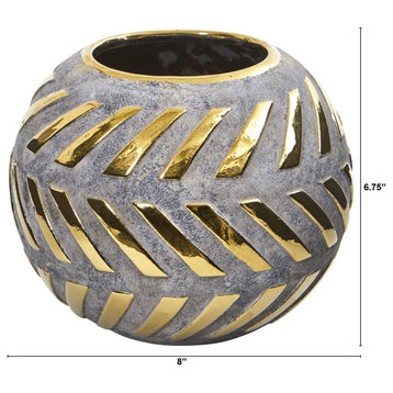 8" Regal Round Stone Vase With Gold Accents