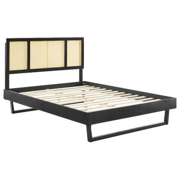 Modway Kelsea Cane Rattan and Wood King Platform Bed with Angular Legs in Black