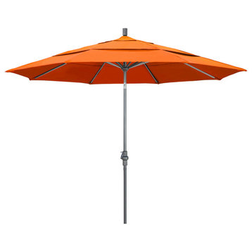 11' Grey Collar Tilt Crank Lift Aluminum Umbrella, Sunbrella, Tangerine
