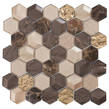 Hexagon Emperador Stone Metal Brown Gold Glass Mosaic Tile, 13"x13", Set of 5