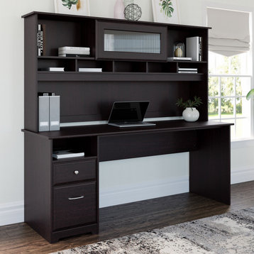 Cabot Computer Desk With Hutch and Drawers, Espresso Oak