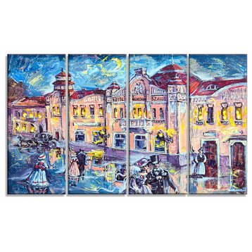 "City at Night With People" Cityscape Canvas Print
