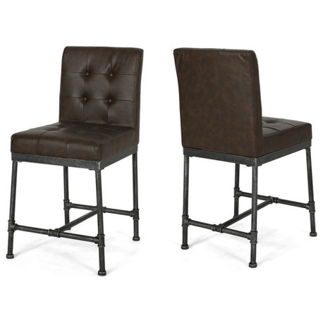 Sara 24" Counter Stool With Faux Leather Backing and Metal Pipe Base, Set of 2, Dark Brown/Black