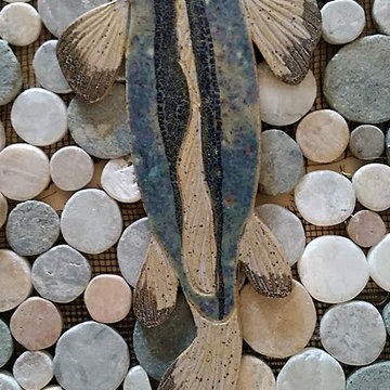 Blue large mouth bass with sea sediment moonstone mosaic tiles