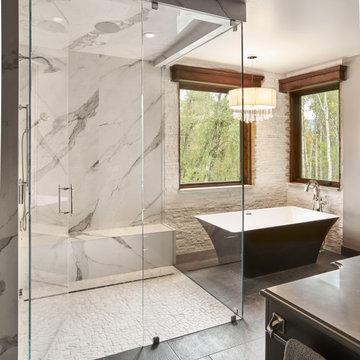 white marblesque walk-in shower walls