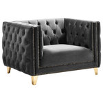 Meridian Furniture - Michelle Fabric Upholstered Chair, Gold Iron Legs, Gray, Velvet, Chair - Upholstered in soft grey velvet, this Michelle chair is sumptuously glamorous. Designed for upscale living, this chair features rich gold nail head trim and gold iron legs that keep it grounded in contemporary beauty. Tufted material covers every inch of this unit, and button tufting ensures that the unit stays plump and comfortable and holds up well to continual use. Pair it with other items in the collection for a cohesive look.