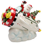 Cosmos Gifts Corp - Santa With Airplane Cookie Jar - Decorate a side table or coffee table with the Santa With Airplane Cookie Jar. Made from ceramic with colorful hand-painted details, this decorative Santa jar is elegant and festive. Lid opens at the airplane's engine. Fill it with candy or chocolate to surprise guests. Hand wash only.