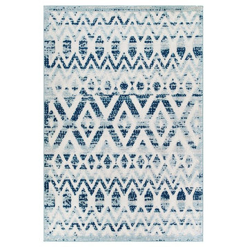Modern Indoor/Outdoor Area Rug, Distressed, Blue Ivory White
