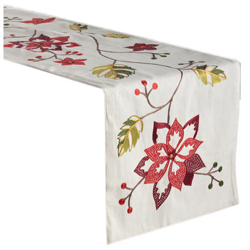 Florentine Spice Embroidered Poinsettia Cotton Table Runner