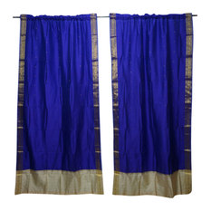 Mogul Interior - 2 Indian Silk Sari Curtains Drape Blue Home Decorating Window Treatment Panel - Curtains