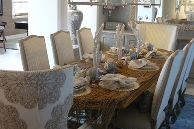 Example of a mid-sized beach style carpeted great room design in Las Vegas with gray walls and no fireplace