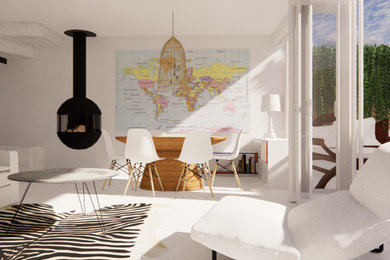 Idées déco pour une salle de séjour contemporaine ouverte avec un mur blanc, sol en béton ciré, cheminée suspendue, un manteau de cheminée en métal et un sol blanc.