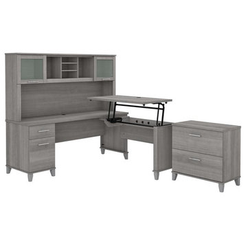 Pemberly Row Sit-St& L Desk with Hutch & File Cabinet in Gray - Engineered Wood